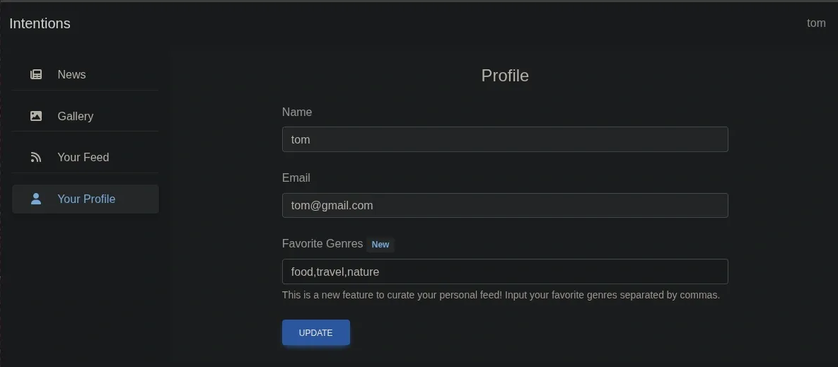 User dashboard showing the genre preference update settings