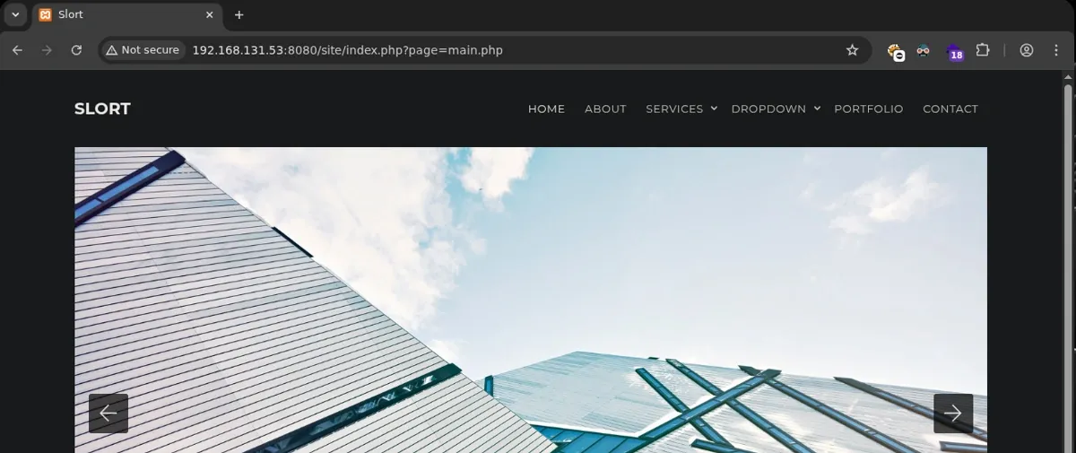 Website /site page with the suspicious 'page' parameter in the URL suggestive of file inclusion