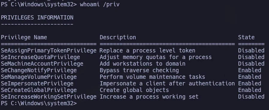 whoami /priv showing SeImpersonatePrivilege enabled for the svc_mssql account