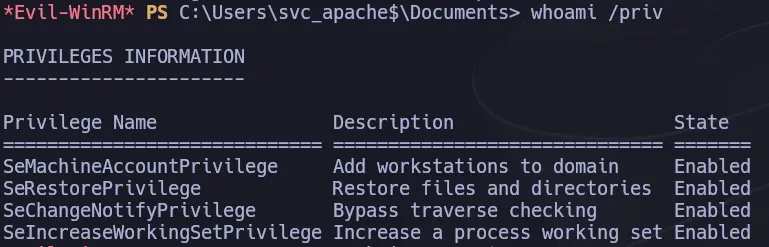 whoami /priv showing SeRestorePrivilege for svc_apache$