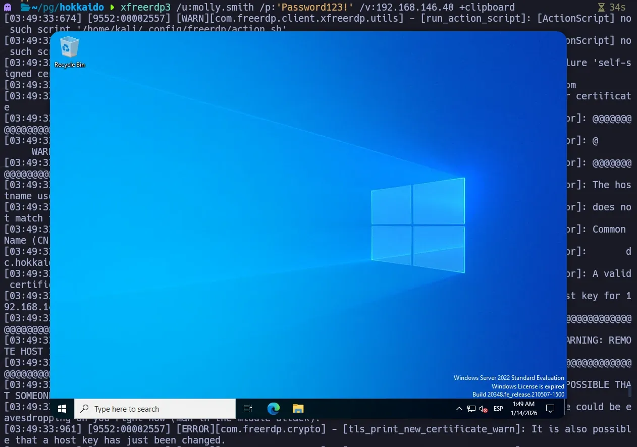 xfreerdp3 establishing RDP session as molly.smith to verify access