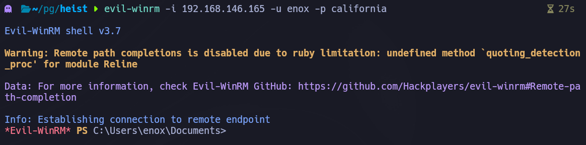 Evil-WinRM shell established as enox