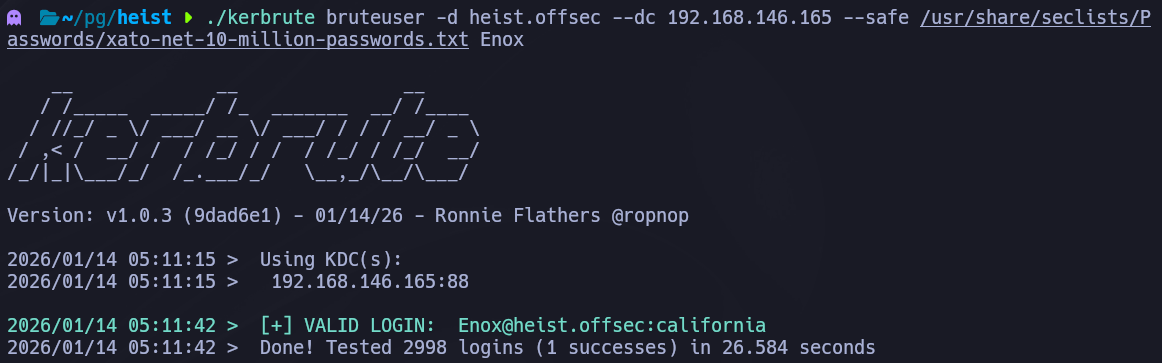 Kerbrute password brute-force against user Enox