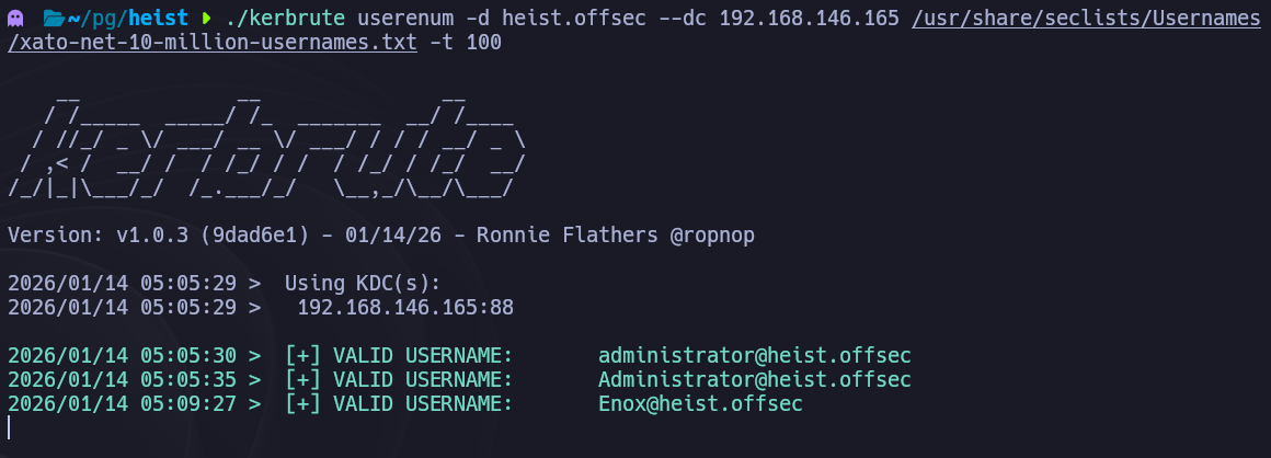 Kerbrute username enumeration against the domain