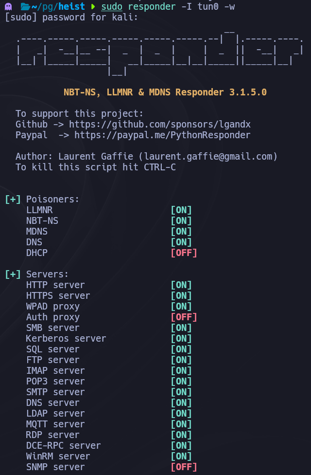 Responder listening on tun0 for incoming NTLM authentication