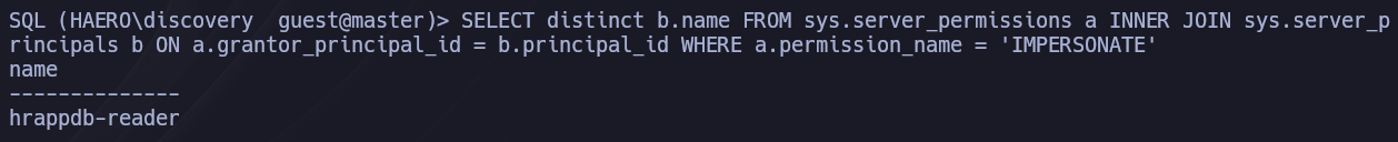 Consulta MSSQL mostrando hrappdb-reader como login impersonable