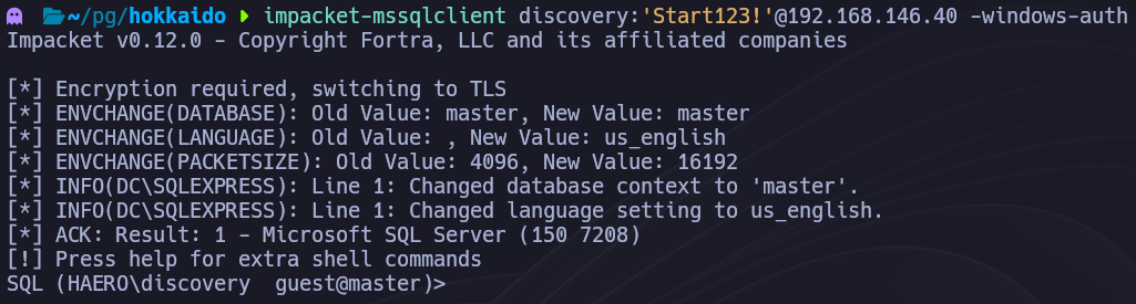 Impacket mssqlclient conectado a MSSQL como usuario discovery