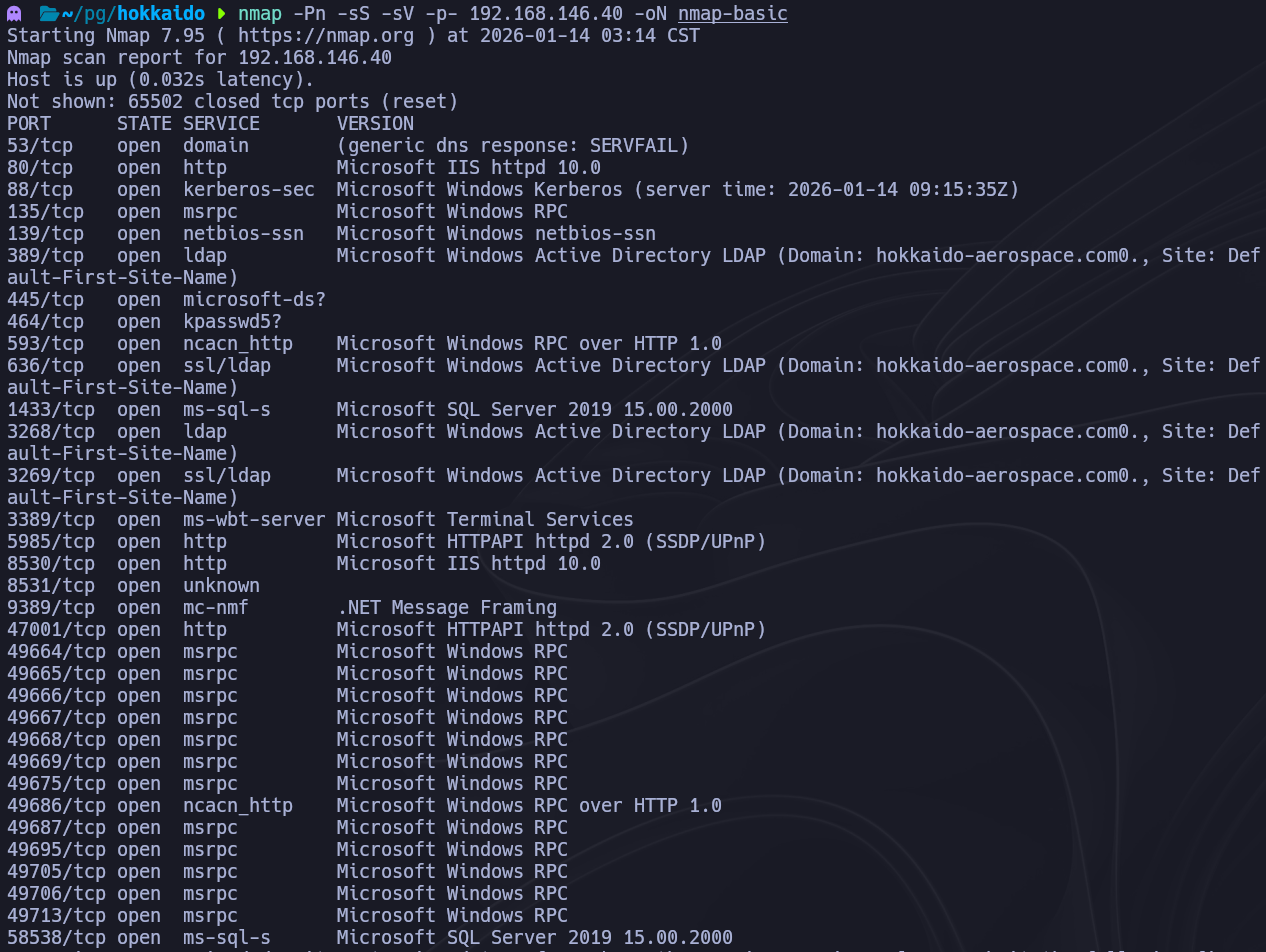 Escaneo nmap básico SYN mostrando los puertos abiertos en Hokkaido