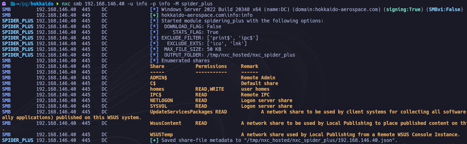 Módulo spider_plus de NetExec explorando los shares SMB accesibles al usuario info