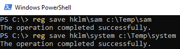 Comandos reg save volcando los hives SAM y SYSTEM del registro en C:\Temp