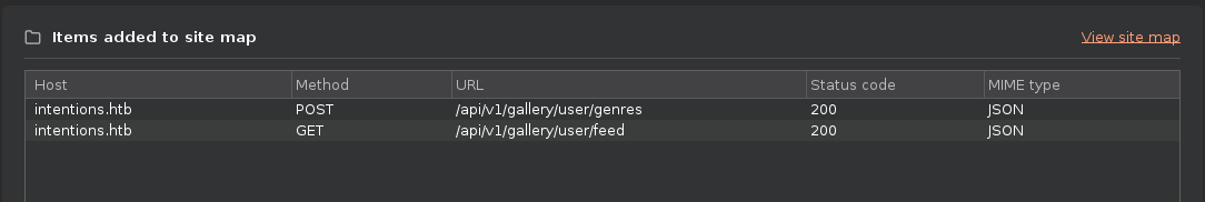Burp Suite intercepting the POST and GET API requests with potential injection vectors