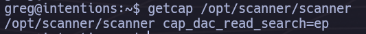 getcap showing cap_dac_read_search capability set on the ndsudo scanner binary