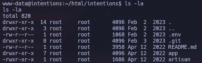 ls -la of the web root revealing a .git directory owned by root