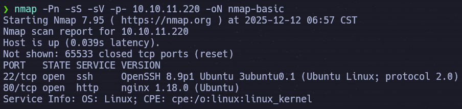 Nmap basic scan showing ports 22 (SSH) and 80 (nginx) open on Intentions