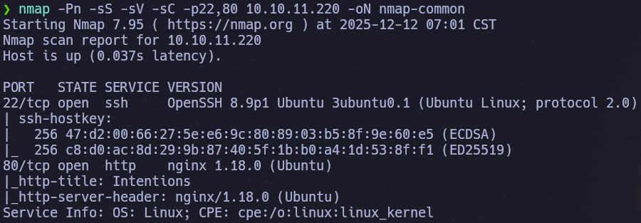 Nmap targeted scan with default scripts on ports 22 and 80