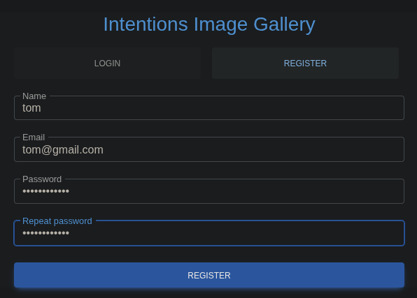 New account registration on the Intentions gallery platform