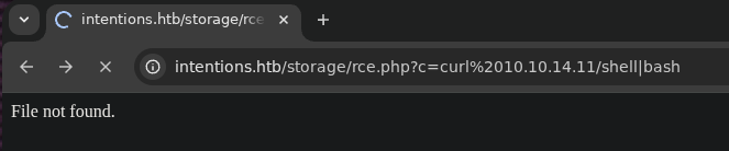 Bash reverse shell script served from attacker machine and executed on Intentions