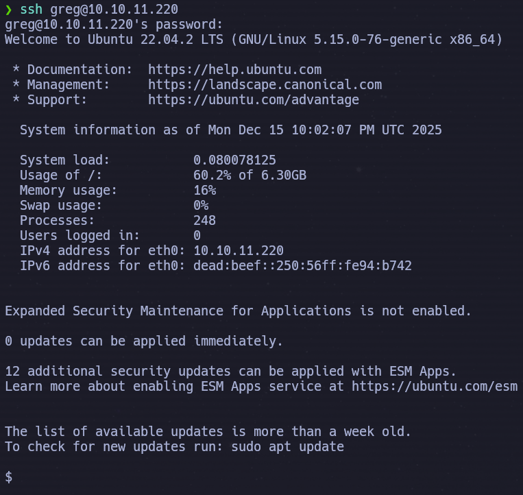 SSH access to the machine as greg using hardcoded credentials from Git commit history