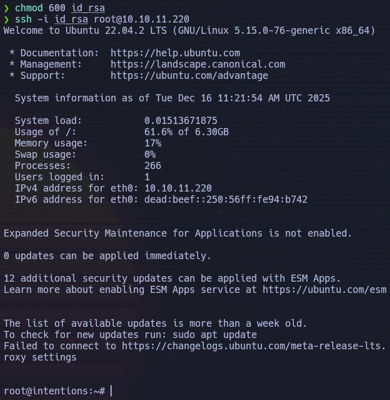 SSH login as root using the extracted private key, completing privilege escalation