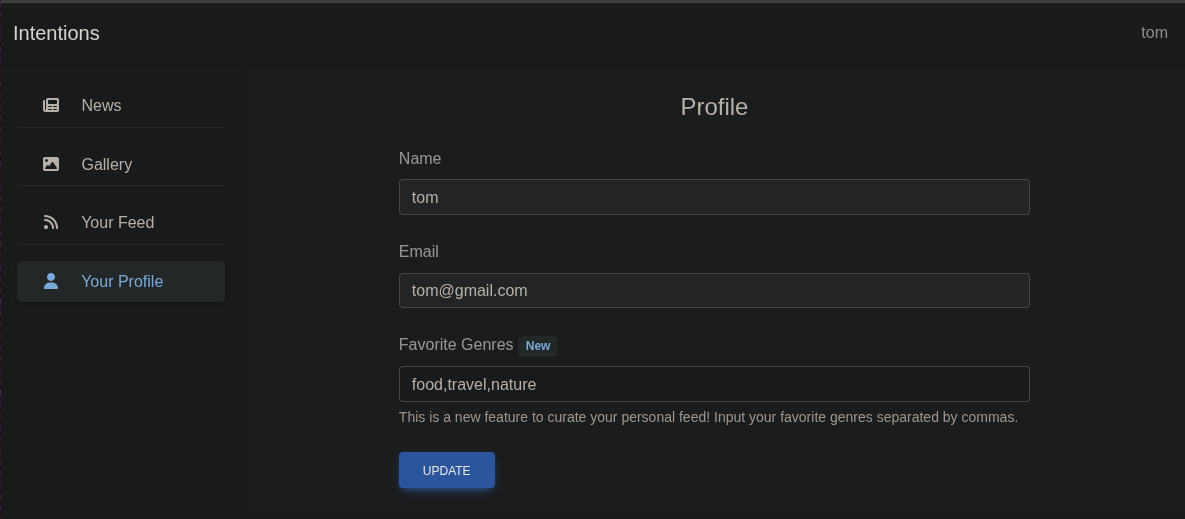 User dashboard showing the genre preference update settings