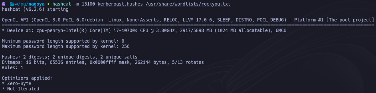 Hashcat crackeando el hash TGS de svc_mssql revelando la contraseña 'Service1'