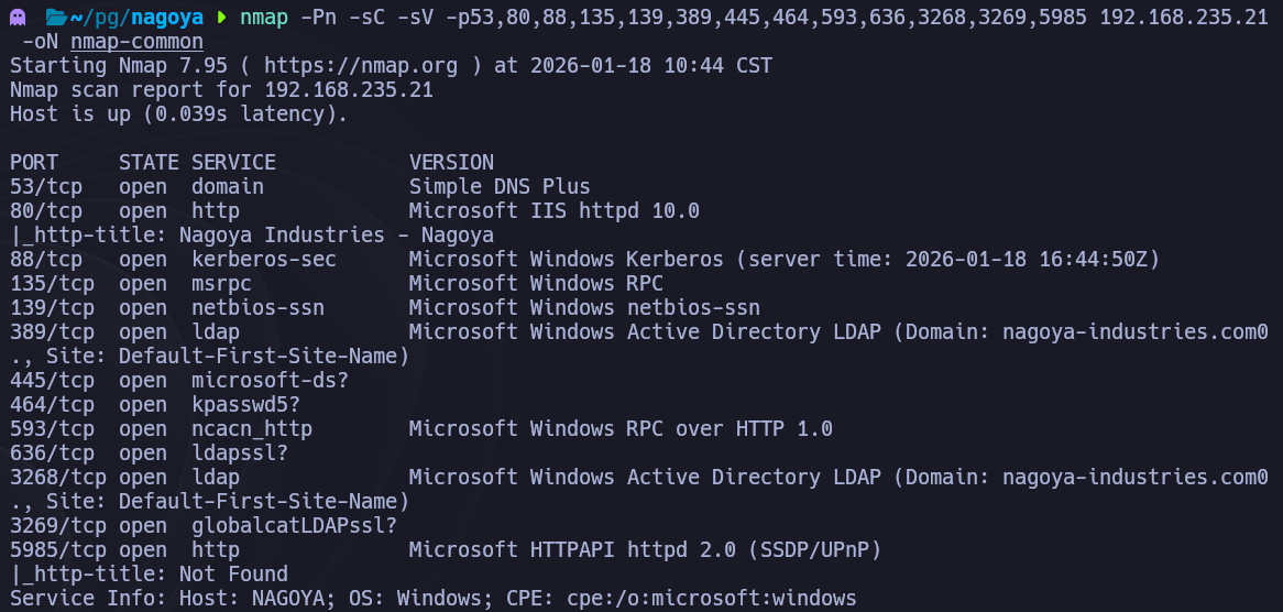 Escaneo nmap dirigido confirmando DC Windows con servidor web en el puerto 80