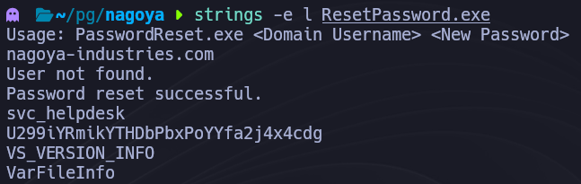 Salida de strings -e l revelando las credenciales de svc_helpdesk del archivo temporal descargado