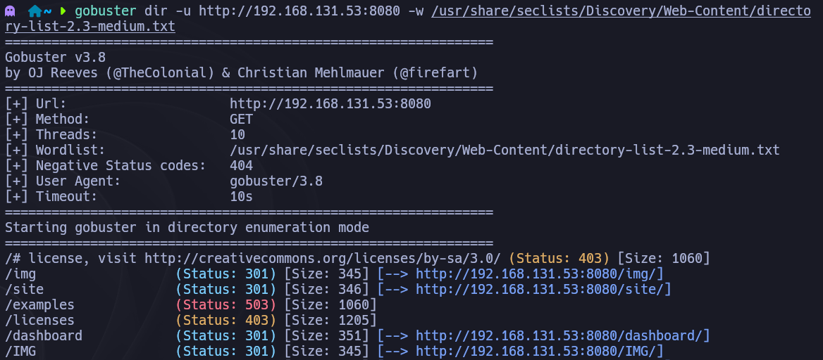 Gobuster descubriendo el directorio /site en el puerto 8080