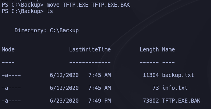 TFTP.EXE renombrado a TFTP.EXE.BAK para hacer copia de seguridad del original y liberar el nombre de archivo