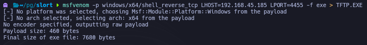 Msfvenom generando un payload de reverse shell malicioso TFTP.EXE para el reemplazo