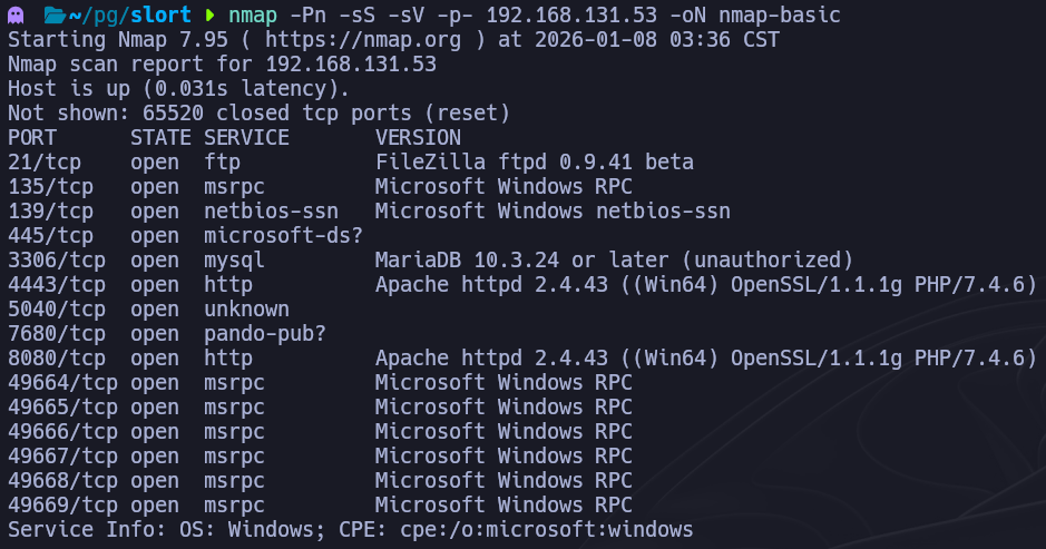 Escaneo nmap básico SYN mostrando los puertos abiertos en Slort incluyendo el puerto 8080