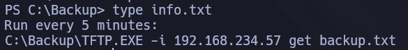 Contenido de C:\Backup\info.txt revelando que TFTP.EXE se ejecuta como tarea programada cada 5 minutos